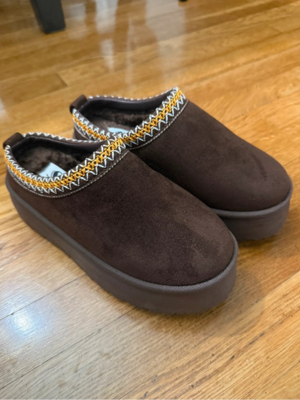 Brown Slip-On Platform Clog with Embroidered Trim